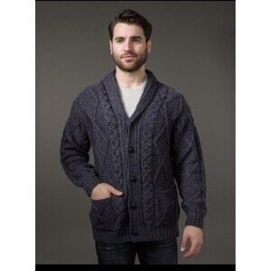 Aran Sweater Market Mens Fisherman Cardigan Medium Blue Wool Ireland Heavy